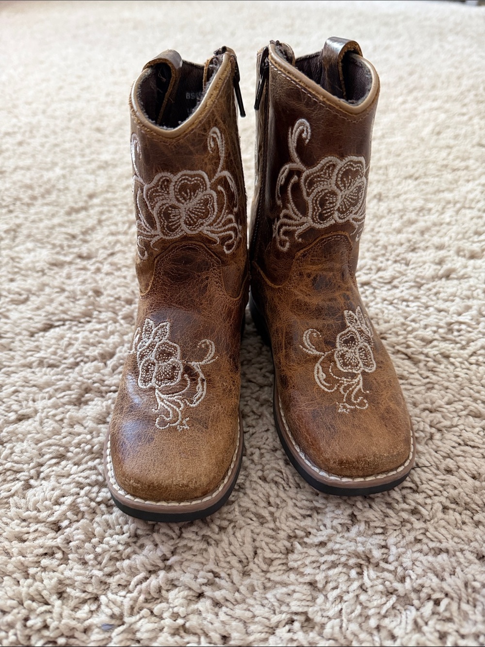 Kids Brown Western Embroidered Leather Boots